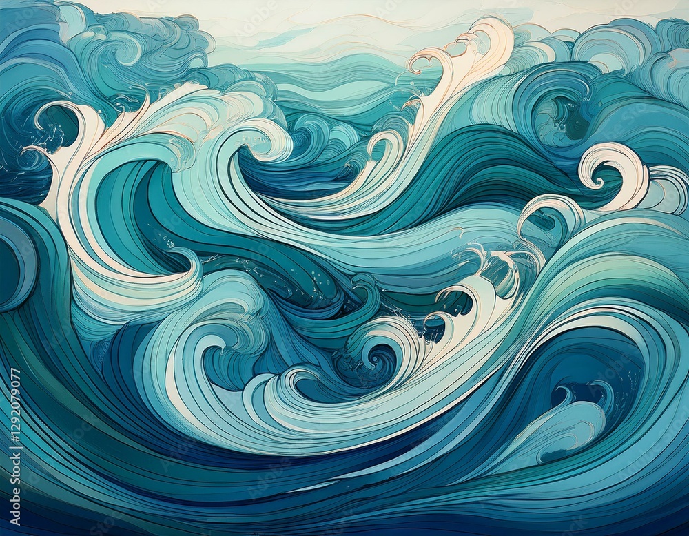 serene ocean waves abstract artwork depicting stylized ocean waves in calming shades of blue and teal creating a sense of tranquility and serenity serene ocean waves abstract artwork depicting stylized ocean waves in calming shades of blue and teal creating a sense of tranquility and serenity