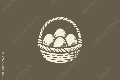 Wicker basket with eggs. Emblem, logo, print. Rustic simple style, Easter symbol. Vector illustration