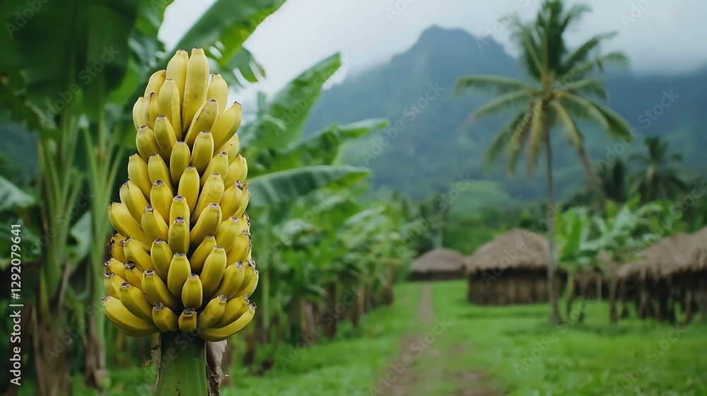 Tropical Banana Cluster in Plantation, Lush Green Landscape, Mountains Background Tropical Banana Cluster in Plantation, Lush Green Landscape, Mountains Background