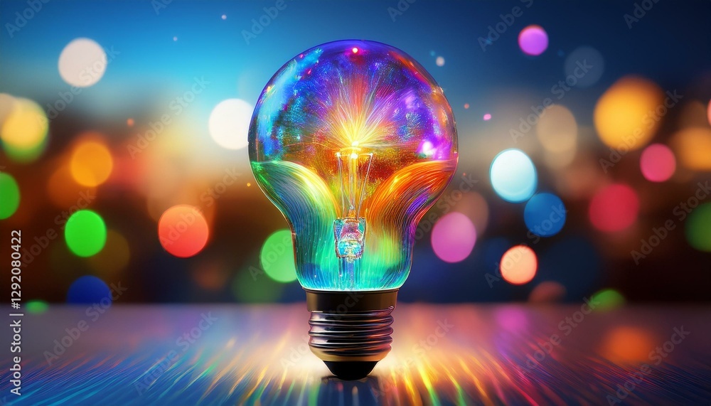 illuminated light bulb glowing with vibrant colors against a blurred background illuminated light bulb glowing with vibrant colors against a blurred background