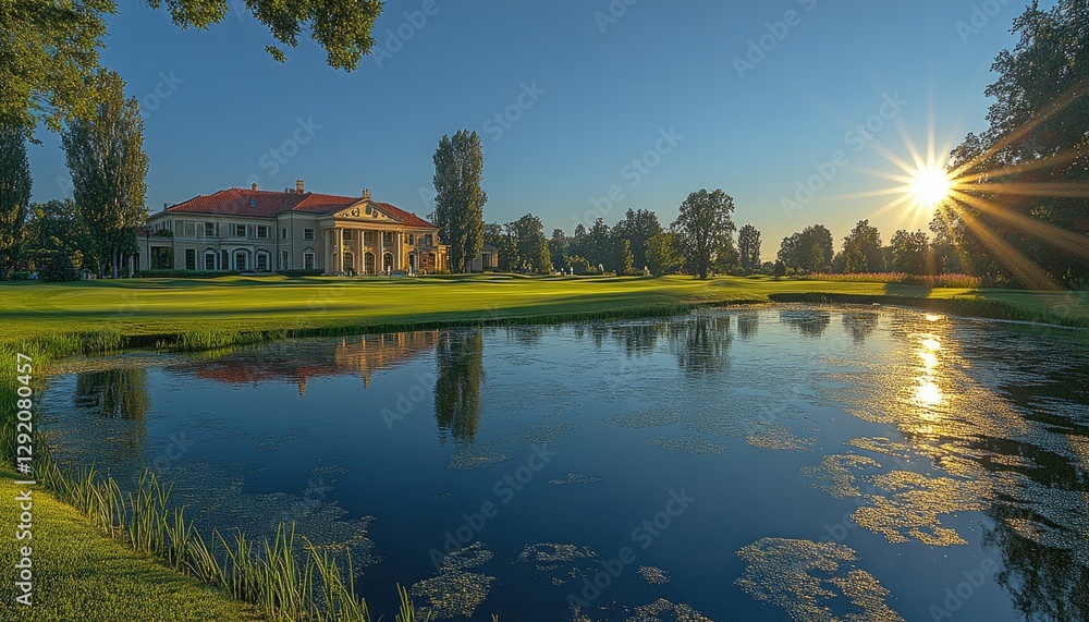 Obraz premium Grand estate reflects in calm pond at sunset. Ideal for luxury real estate, travel, or golf course marketing.