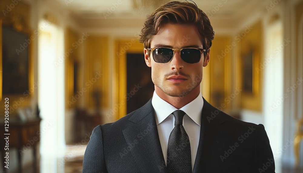 Stylish man in suit and sunglasses poses in a grand hallway. Perfect for fashion, luxury, or business concepts. Stylish man in suit and sunglasses poses in a grand hallway. Perfect for fashion, luxury, or business concepts.