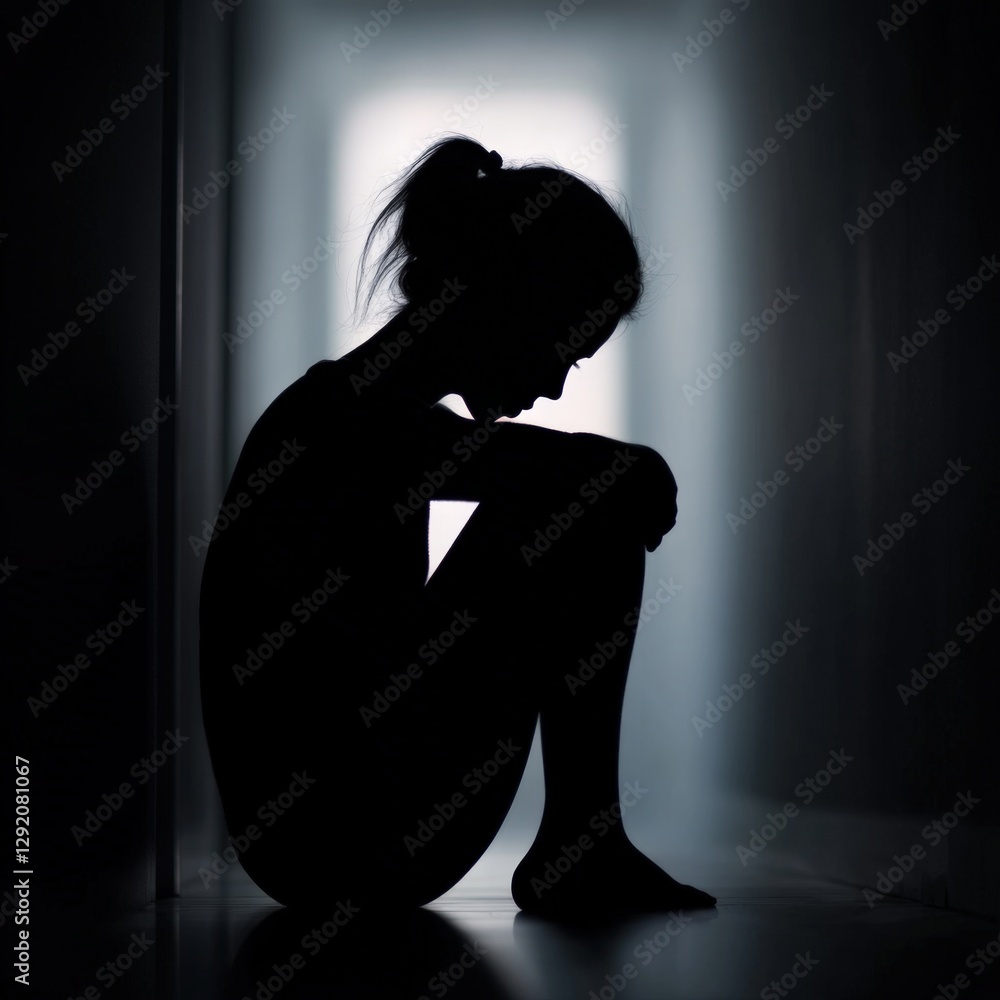 silhouette of sad woman sitting in dark hallway silhouette of sad woman sitting in dark hallway
