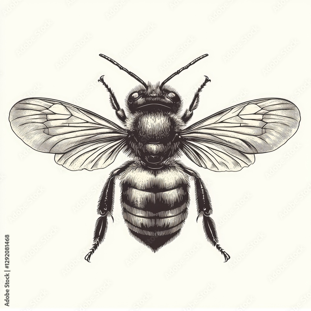 Honey bee with intricate details, showcasing its wings, Black and white image. Honey bee with intricate details, showcasing its wings, Black and white image.