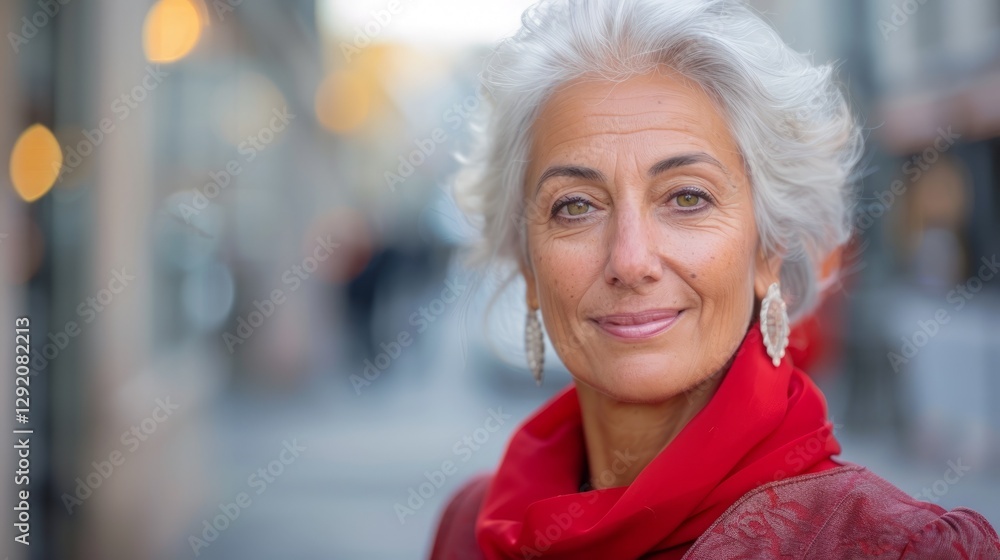 The photo features an older woman with grey hair, wearing a red scarf, standing outdoors. The photo features an older woman with grey hair, wearing a red scarf, standing outdoors.