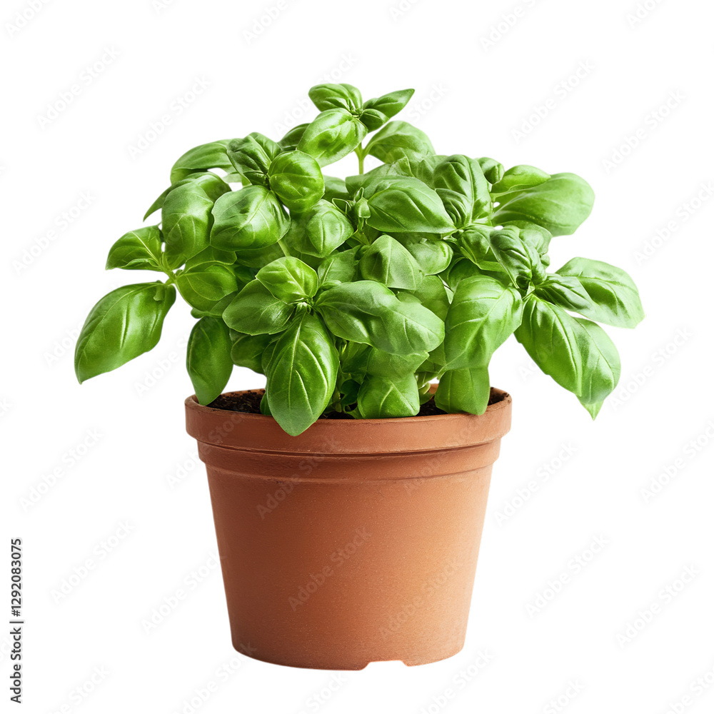A Small Potted Basil Plant with Fresh Aromatic Leaves Isolated on Transparent Background A Small Potted Basil Plant with Fresh Aromatic Leaves Isolated on Transparent Background