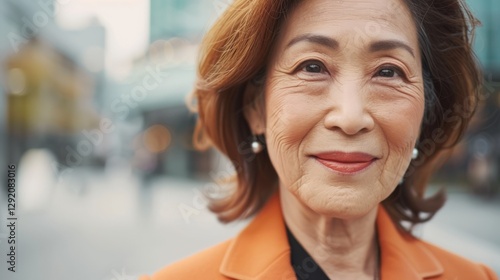 Free Download A mature Asian woman is captured in a close-up portrait, exuding confidence with a smile against an urban backdrop. - GFXLoad