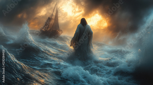 A peaceful Jesus walking on the Sea of Galilee during a frightful storm, stormy waves.