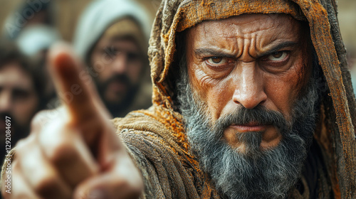A Pharisee who angrily points his finger at Jesus to condemn him, he is wearing traditional Pharisee clothing, biblical times, cinematic lighting, high quality.