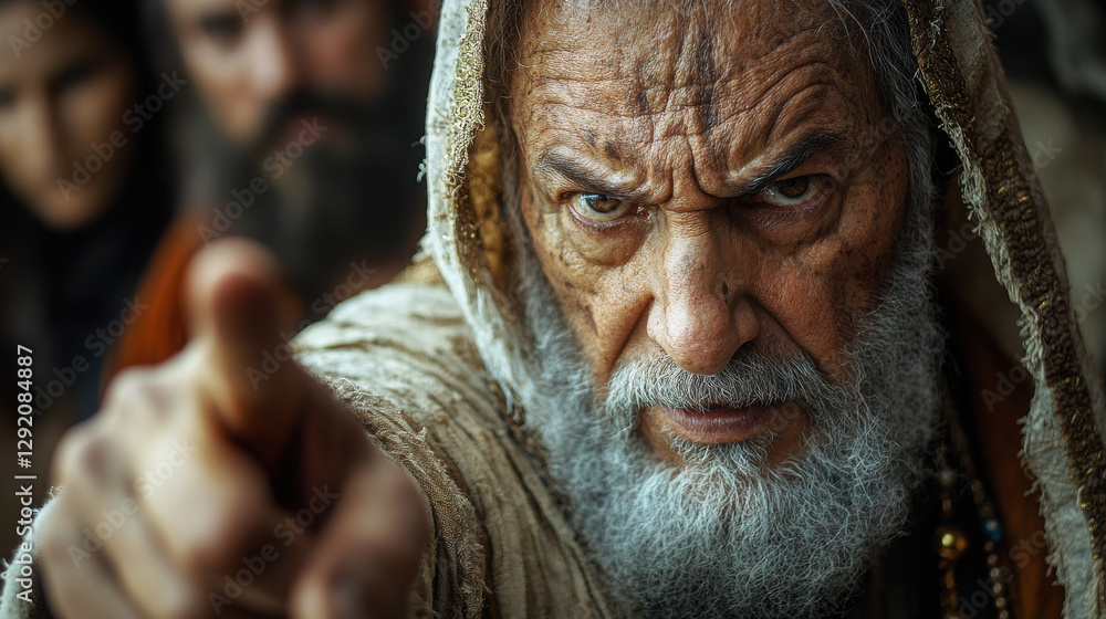 A Pharisee who angrily points his finger at Jesus to condemn him, he is wearing traditional Pharisee clothing, biblical times, cinematic lighting, high quality. A Pharisee who angrily points his finger at Jesus to condemn him, he is wearing traditional Pharisee clothing, biblical times, cinematic lighting, high quality.