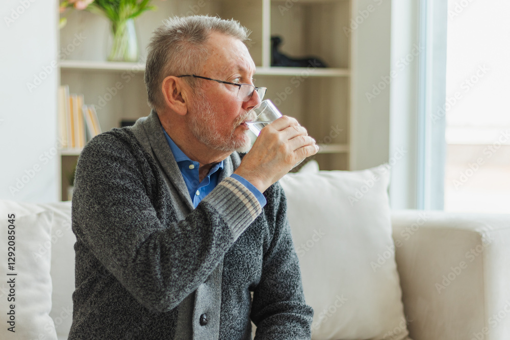 Senior man holding glass drinking fresh water at home. Mature old senior thirsty grandfather takes care of his health. Healthcare water balance. Elderly healthy lifestyle Senior man holding glass drinking fresh water at home. Mature old senior thirsty grandfather takes care of his health. Healthcare water balance. Elderly healthy lifestyle