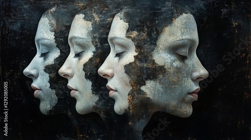 A haunting and surreal representation of fractured faces symbolizing the fragmentation of identity and perception. Generative AI