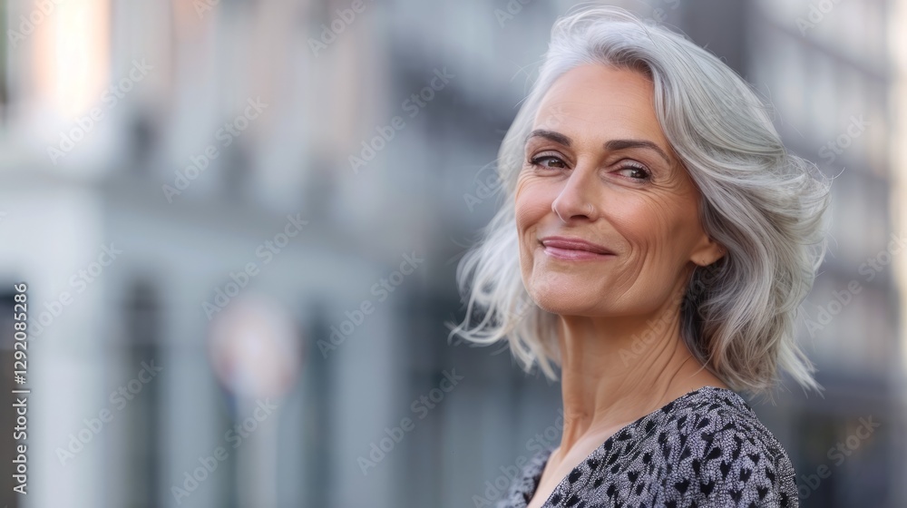 An older woman with gray hair is prominently featured in a portrait-style photograph, set against an urban backdrop. An older woman with gray hair is prominently featured in a portrait-style photograph, set against an urban backdrop.