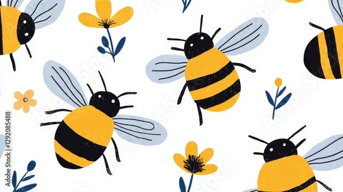Colorful Bee Pattern with Flowers on a Light Background