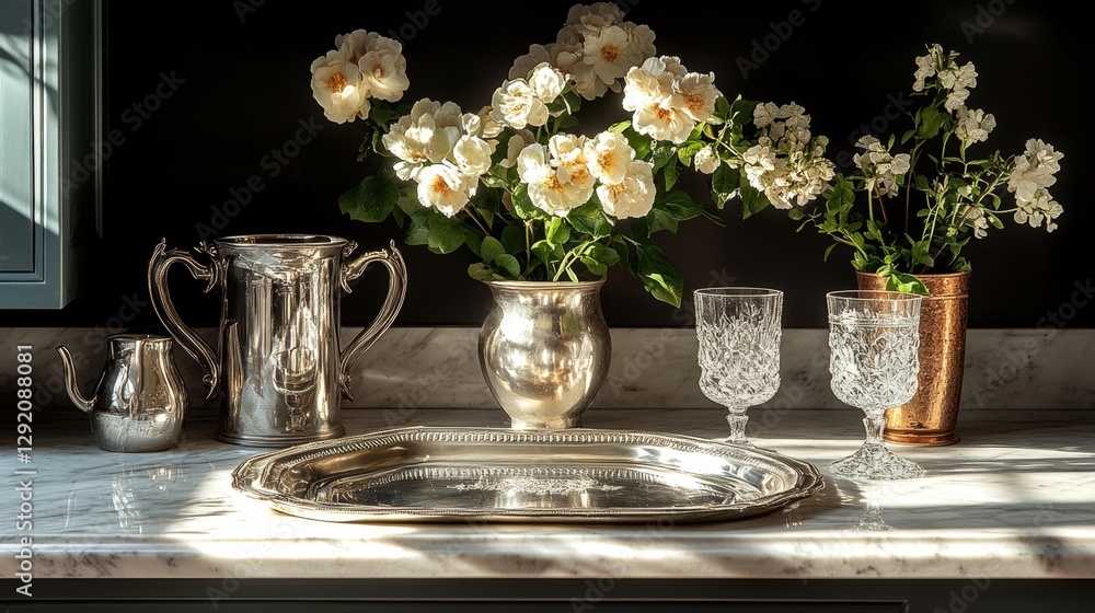 Elegant Silver Serving Trays and Flowers on a Marble Countertop in a Classic Kitchen. Generative AI Elegant Silver Serving Trays and Flowers on a Marble Countertop in a Classic Kitchen. Generative AI