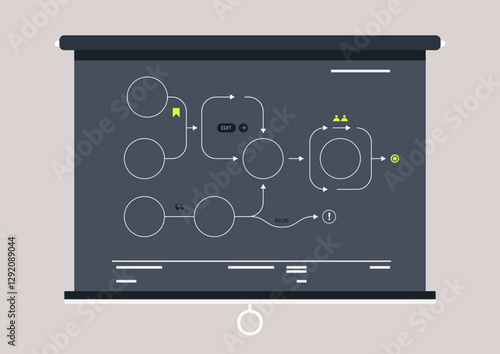 A visually striking scheme displayed on a blackboard captures intricate connections and processes, highlighting collaborative thinking during an inspiring educational moment in a busy learning space