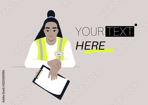 Participating in community outreach, a dedicated volunteer in a reflective safety vest examines notes on a clipboard, ready to assist others during the event