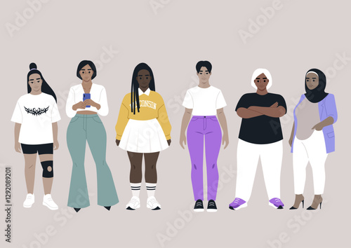 Six female characters stand together, representing body positivity in diverse outfits