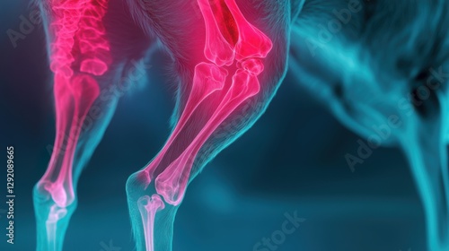 Veterinary x-ray of a dog's knee joint displaying bone structure and joint health analysis in a clinical setting