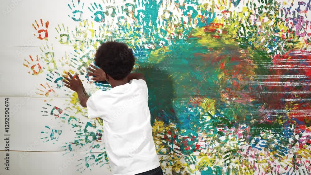 Back view of happy african boy painted the stained wall with colorful hand while wearing casual white shirt in art lesson.Smart student use hand print to make creative artwork. Education. Edification Back view of happy african boy painted the stained wall with colorful hand while wearing casual white shirt in art lesson.Smart student use hand print to make creative artwork. Education. Edification