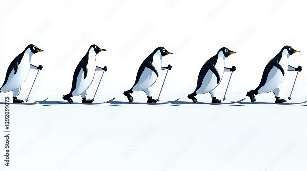 Obraz premium Cartoon Penguins Skiing on Snowy Landscape in a Fun Animation Style