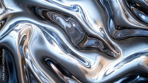 Abstract chrome waves with fluid texture and glossy deformations. Generative AI photo