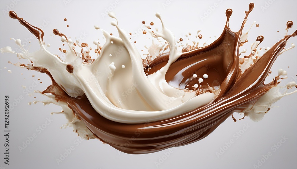 Fototapeta premium milk and chocolate liquid splashing in the middle isolated on white background realistic in 3d illustration food concepts