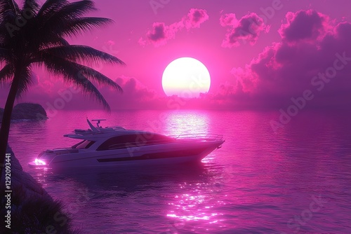 A luxurious yacht anchored near a tropical island at sunset, with vibrant pink and purple hues reflecting off the calm ocean waters. 80s nostalgic vibe, retrowave style. Generative AI