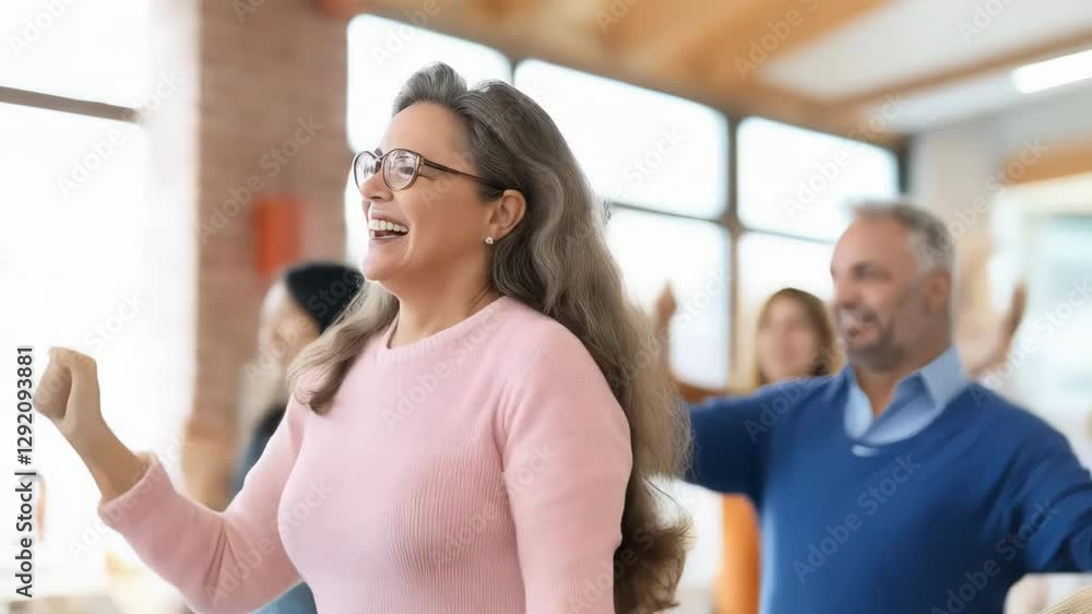 Caucasian woman celebrating with arms raised surrounded by diverse group Success victory achievement Caucasian woman celebrating with arms raised surrounded by diverse group Success victory achievement