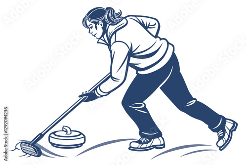 Curling Athlete Sweeps Ice with Concentration – Stunning Illustration