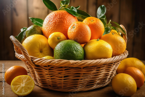 Cesta llena de frutas cítricas como naranjas, limones y pomelos, sobre una mesa de madera photo