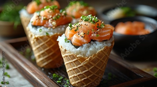 Sushi Ice Cream Cone with Salmon and Rice. Generative AI photo