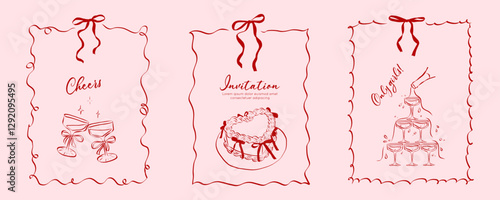 Hand drawn coquette frames. Vintage cute borders with ribbon and bow in simple crayon and sketch style. Trendy art for bachelorette party and wedding invitations. Doodle vector illustration