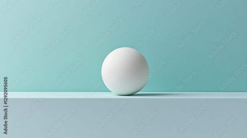 White sphere rests on a shelf against a teal wall, creating a simple minimalist design, used for backgrounds
