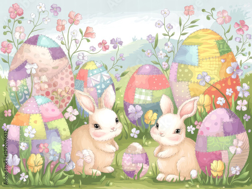 Cute bunnies with Easter eggs and spring flowers