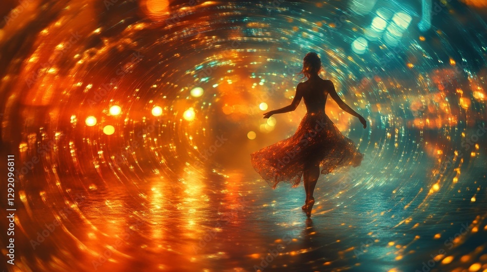 Fototapeta premium Blurry lights and graceful dancer on a glowing dance floor. Generative AI