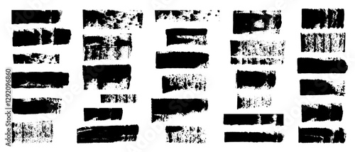 Set of semi-dry black brush strokes in form of unpainted horizontal stripes of different sizes, shapes with torn, uneven edges. Vector illustration of textured spots as background for marking.