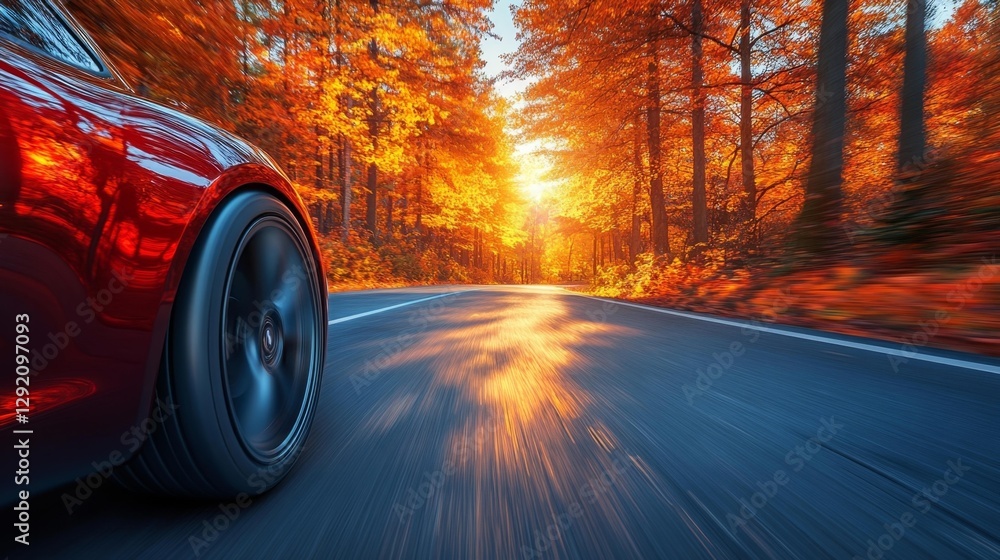Fototapeta premium Car wheel moving fast through an autumn road with blurred surroundings. Generative AI