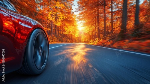 Wallpaper Mural Car wheel moving fast through an autumn road with blurred surroundings. Generative AI Torontodigital.ca