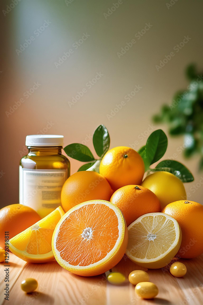 Frutas cítricas y suplementos de vitamina C dispuestos en una mesa, simbolizando la importancia de una dieta balanceada Frutas cítricas y suplementos de vitamina C dispuestos en una mesa, simbolizando la importancia de una dieta balanceada