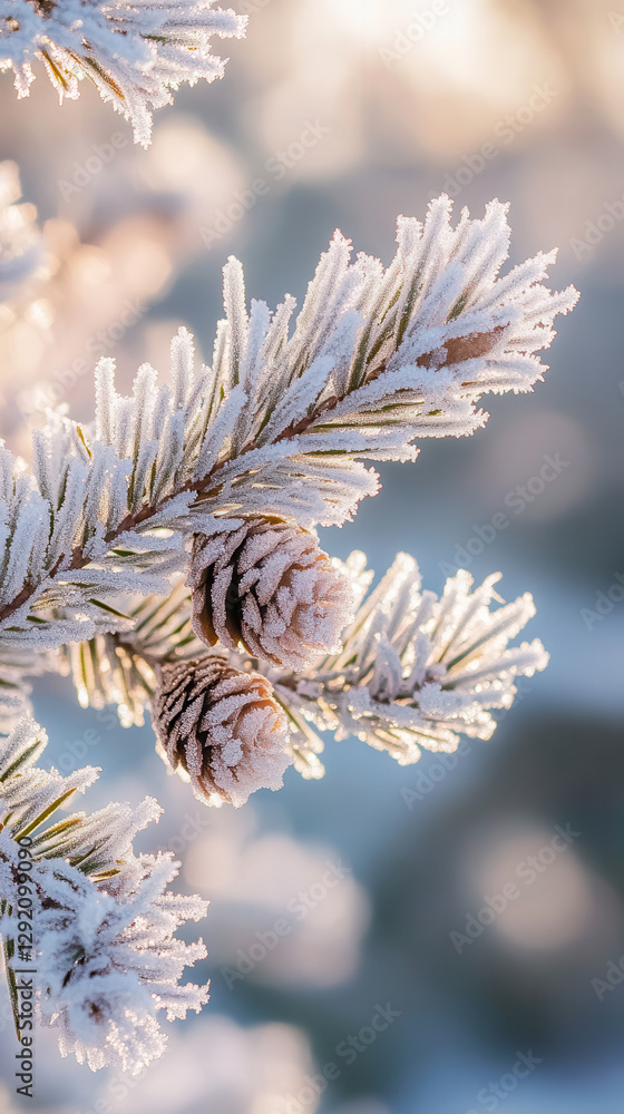 Frost-covered pine leaves capture delicate ice crystals in soft morning light Frost-covered pine leaves capture delicate ice crystals in soft morning light