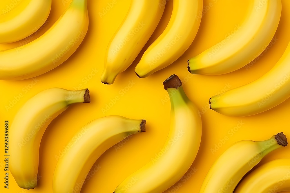 Yellow bananas arranged on a bright yellow surface, food presentation or healthy eating concept Yellow bananas arranged on a bright yellow surface, food presentation or healthy eating concept