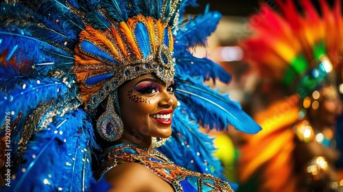 Colorful costumes and intricate feather headdresses dominate the night as dancers perform energetically at the Rio Carnival samba school parade. The atmosphere