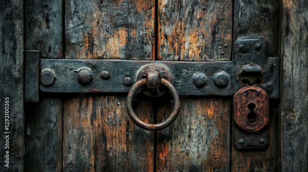 Closeup of old door lock. Entrance locked for security. Old wooden door locked. Closeup of old door lock. Entrance locked for security. Old wooden door locked.