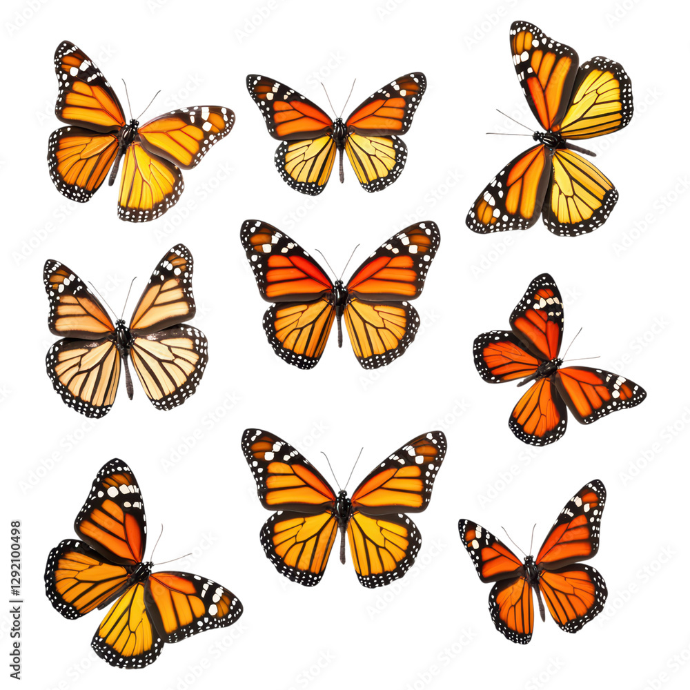 Vibrant butterflies in various colors and patterns , isolated on a transparency background Vibrant butterflies in various colors and patterns , isolated on a transparency background