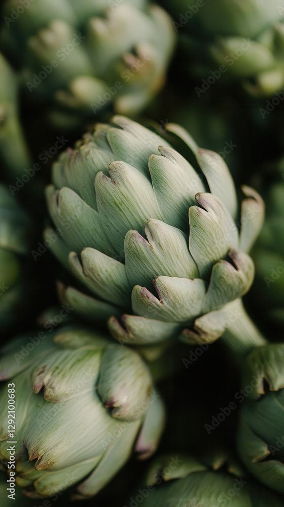 Fototapeta premium Fresh artichokes display vibrant colors and intricate patterns in a bustling market setting