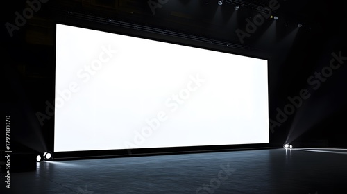  Large white display screen positioned on stage, intended for business presentation exhibits 
