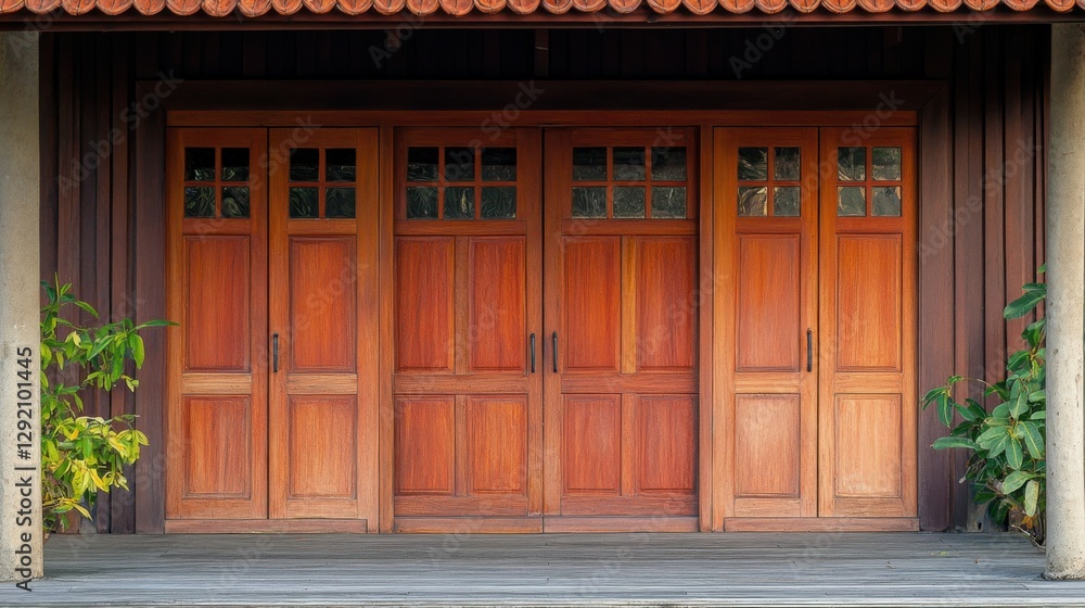 Locked wooden folding doors at bungalow in countryside. Folding doors pattern. Locked wooden folding doors at bungalow in countryside. Folding doors pattern.