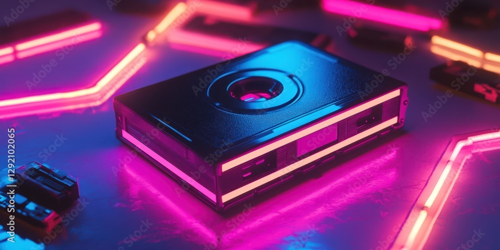 Cassette tape resting amid neon lights evoking a retro future Cassette tape resting amid neon lights evoking a retro future