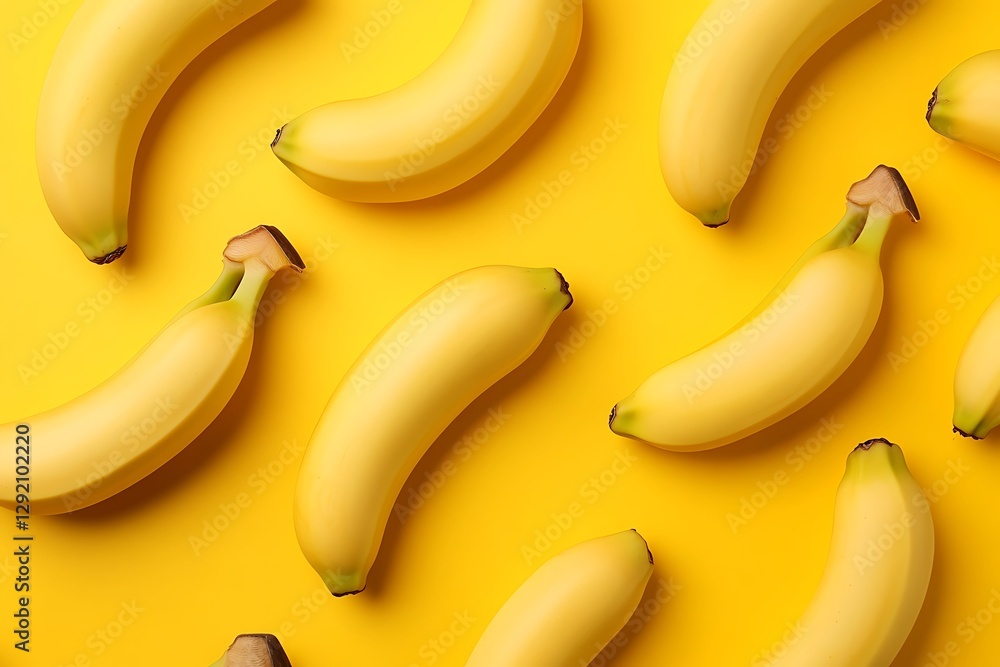 Yellow bananas pattern on yellow backdrop, overhead shot for food background, dietary uses Yellow bananas pattern on yellow backdrop, overhead shot for food background, dietary uses